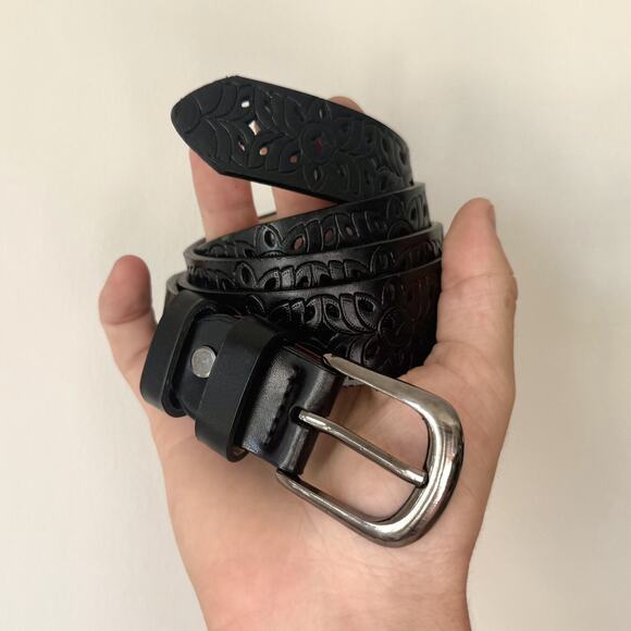 Western Black Carved Cowboy Belt Unisex Boho Style Adjustable 43" Long - Picture 2 of 9